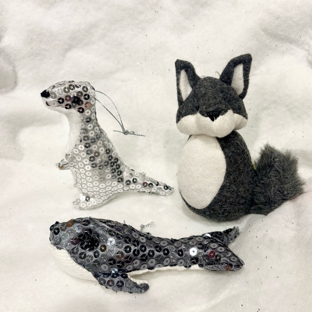 Gray Dinosaur, Fox, and Whale Ornaments